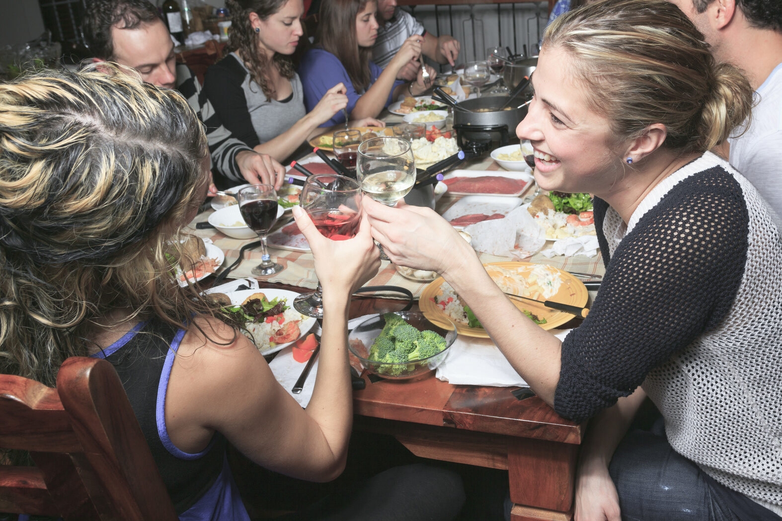 Un gruppo di persone intorno a un tavolo, in primo piano due donne brindano allegre; concept: cena, pranzo, home restaurant