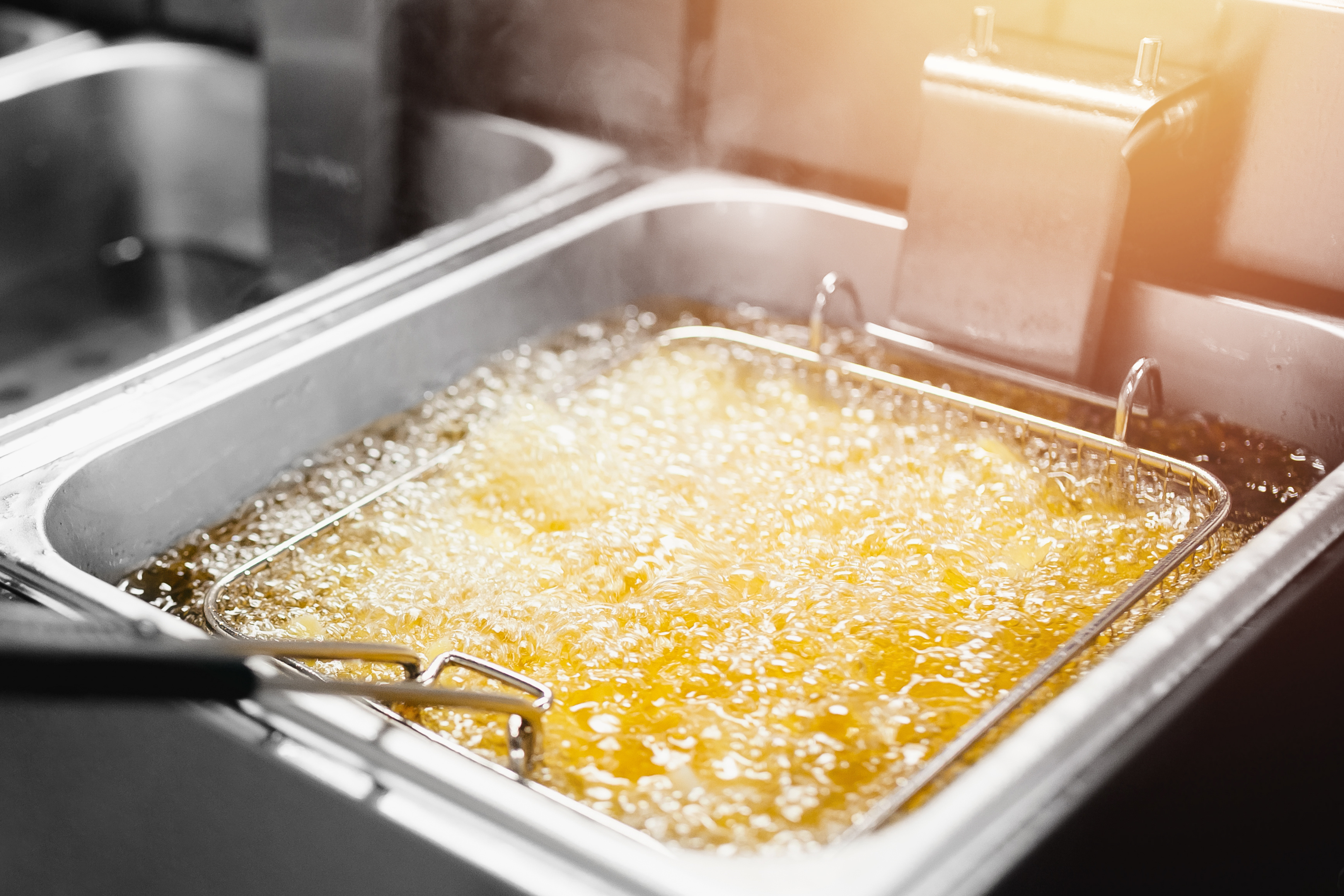 Fryer with French fries, close-up. The oil boils