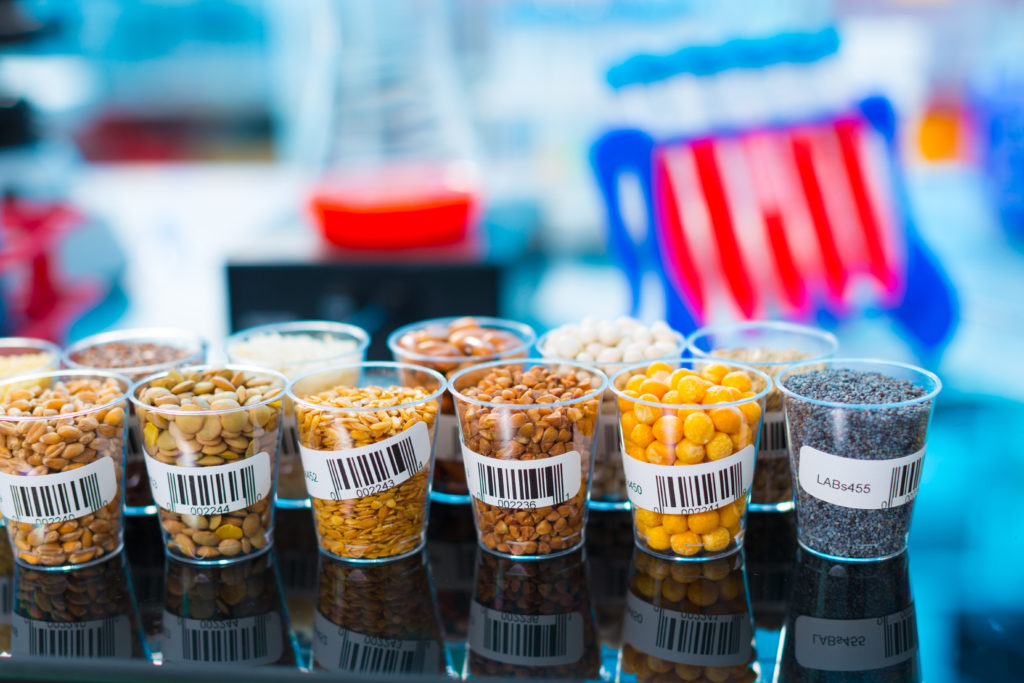 Semi, cereali e legumi in bicchierini con codici a barre sul bancone di un laboratorio; concept: analisi, controlli