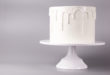 Simple white cake with glaze on a gray background.