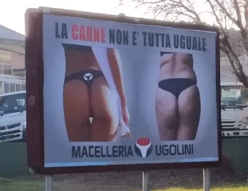 cartellone macelleria ugolini pubblicita sessista
