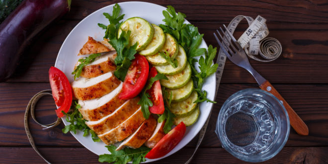 Piatto con pollo alla piastra, zucchine, rucola e pomodori, accanto a metro a nastro attorno a forchetta; concept: dieta