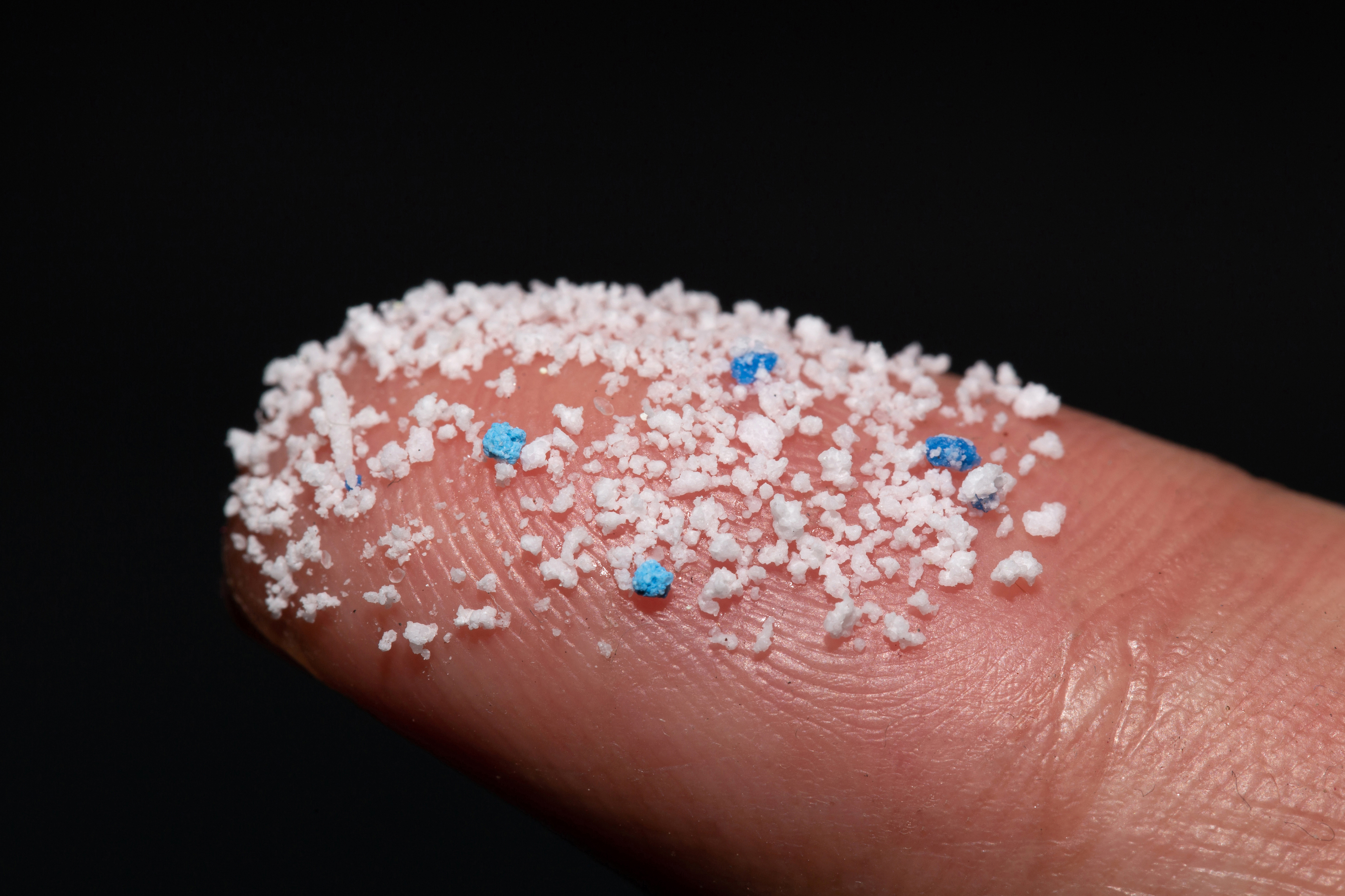 Micro plastic.Small Plastic pellets on the finger. microplastiche nanoplastiche frammenti plastica
