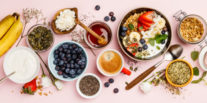 Healthy breakfast set with coffee and granola