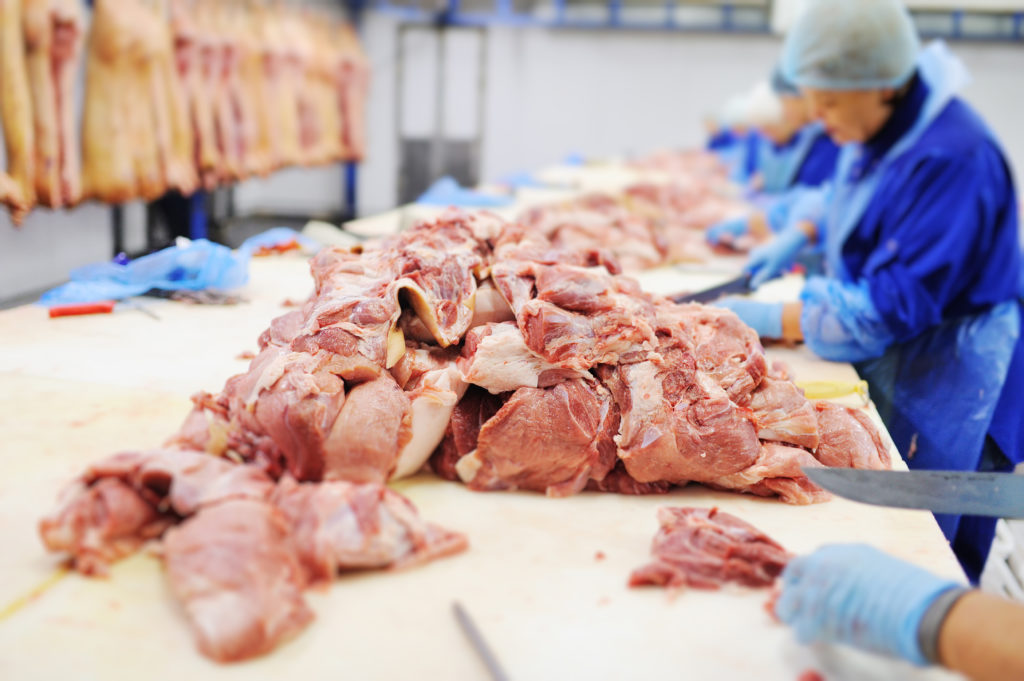 Cutting meat in slaughterhouse