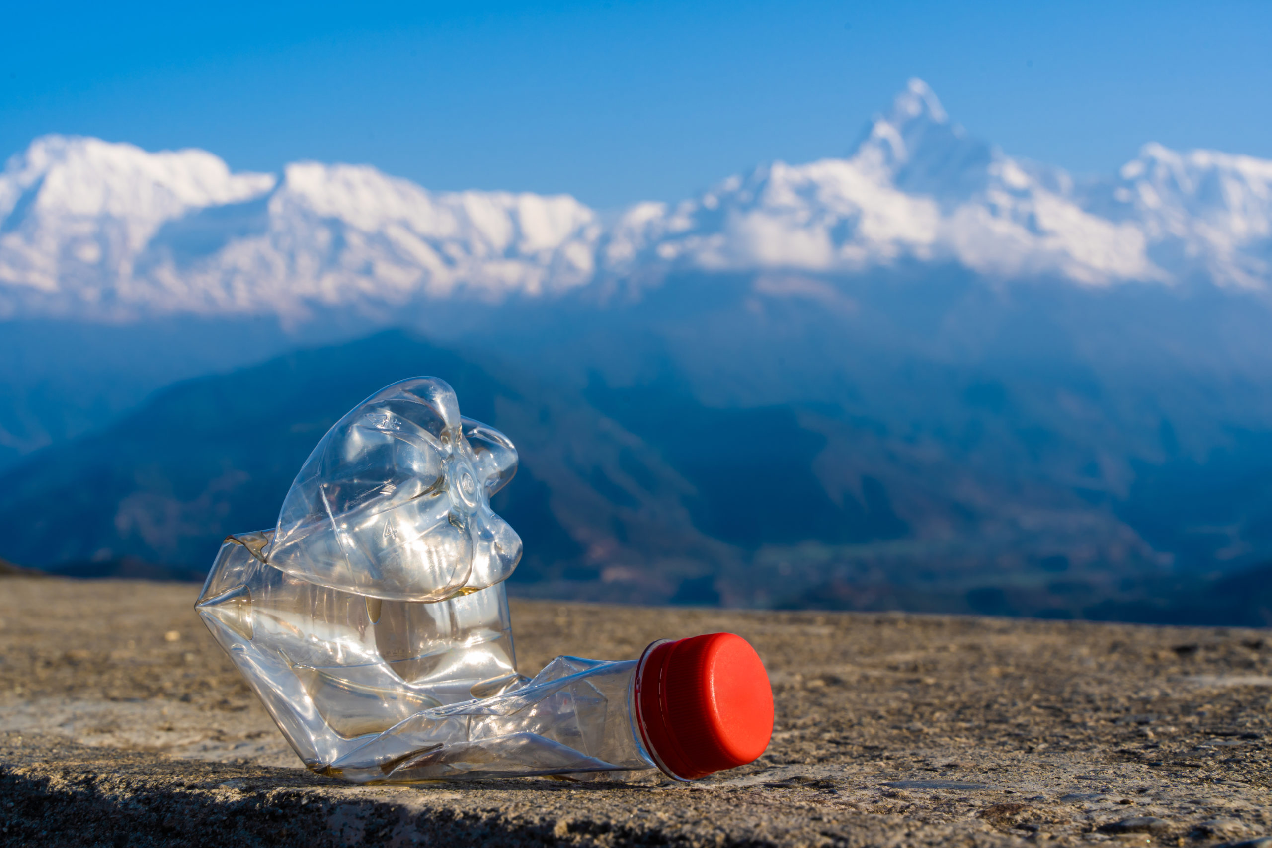 Deposito cauzionale, bottiglia di plastica abbandonata nell'ambiente in montagna