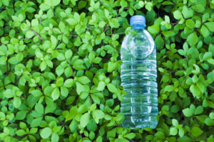 piccola bottiglia di plastica di acqua minerale chiara nel naturale molto fresco foglie verdi sfondo inquinamento