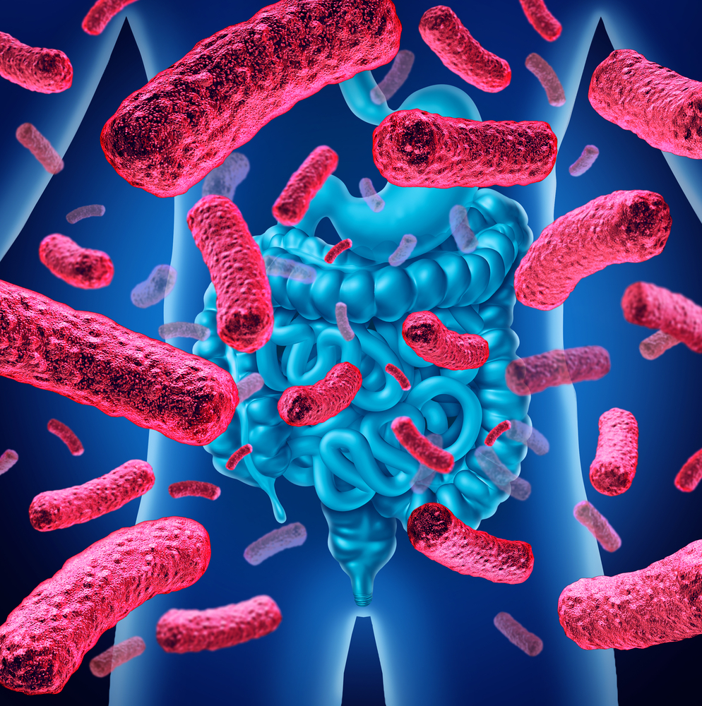 latte, batteri rossi in primo piano, sullo sfondo in blu corpo umano trasparente con focus sull'apparato gastro-intestinale