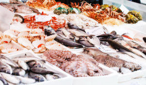 Pesci e altri prodotti ittici esposti sui banchi una pescheria