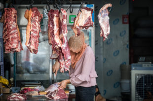 pezzi di carne appesi sopra il banco di un mercato, sotto una venditrice seziona altra carne