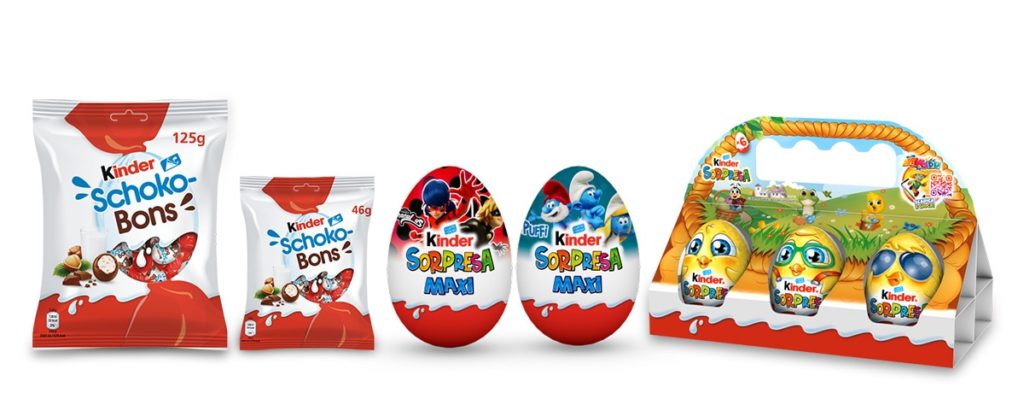 Confezioni di prodotti Kinder Ferrero: Schoko-Bons da 125 g e 40g, Kinder Sorpresa Maxi ragazza e puffi, confezione pasquale ovetti pulcini
