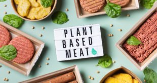 Cartello con la scritta “plant based meat” circondato da assortimento di prodotti vegetali – burger, salsicce, nuggets, cotolette – semi di soia e foglie di basilico