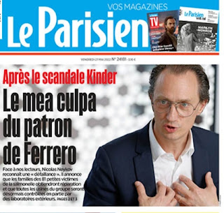 Copertina del giornale francese Le Parisien con il titolo “Dopo lo scandalo Kinder - Il mea culpa del patron di Ferrero” e la foto di Nicolad Neylov