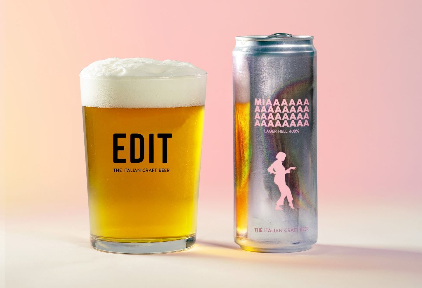 birra Mia del birrificio italiano EDIT, bicchiere pieno con scritta EDIT affiancato da lattina metallizzata con scritta Miaaaa e disegno in rosa