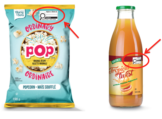 Esempi di prodotti con l'etichetta fronte pacco Canadese: Pop Corn e Succo di frutta