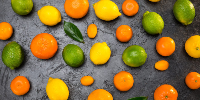 Agrumi misti su sfondo scuro: arance, limoni, lime, mandarini o clementine, kumquat