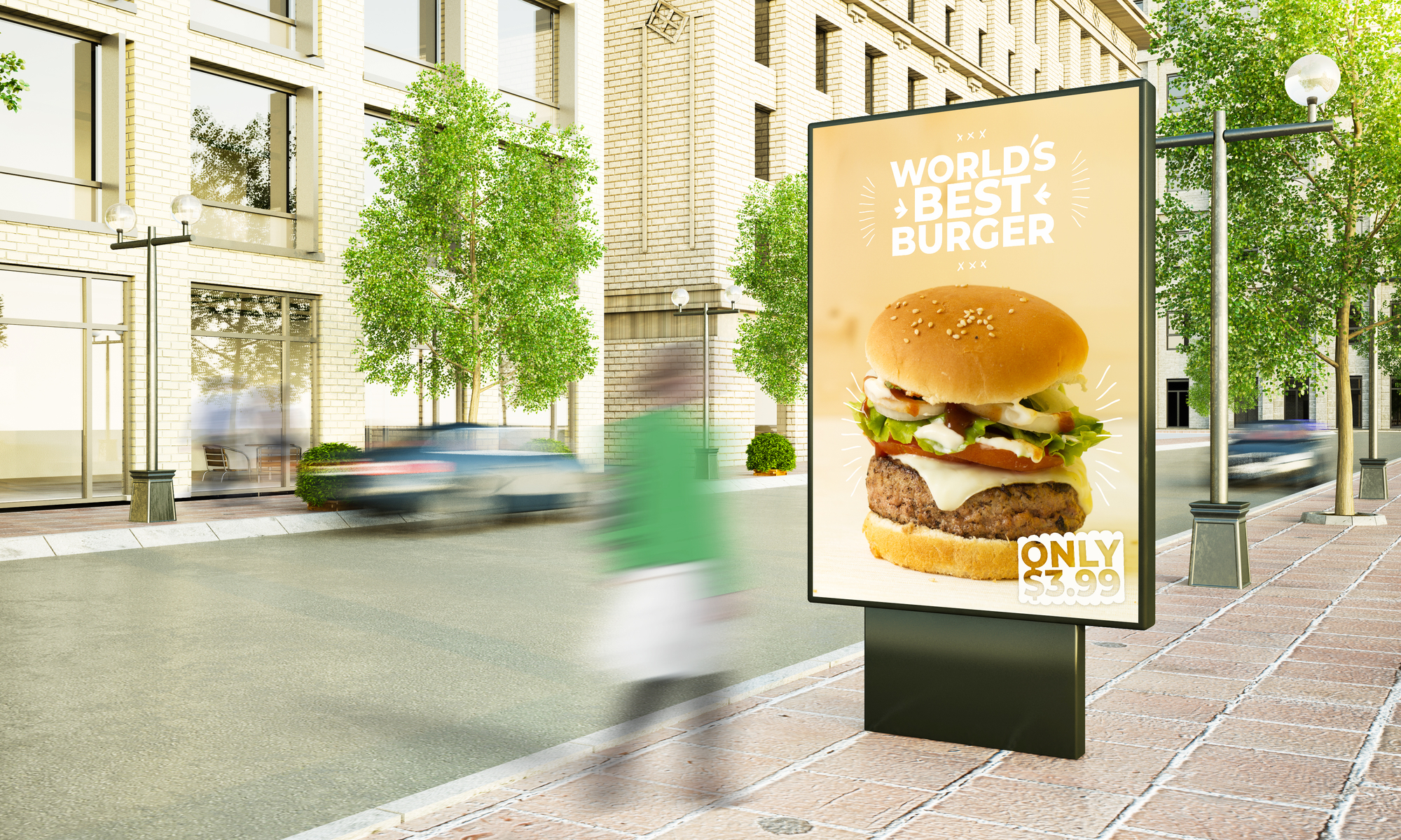 Pubblicità di un hamburger su un cartellone sul marciapiede di una città