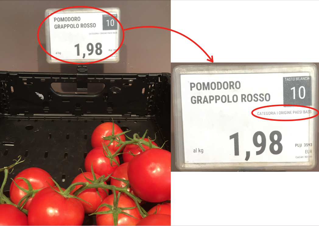 Pomodoro a grappolo Despar con provenienza dai Paesi Bassi evidenziata sul cartellino, concept: Pomodori