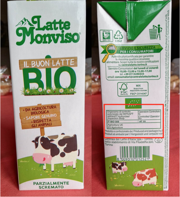 Cartone di latte biologico parzialmente scremato Monviso Bio; vista frontale e laterale