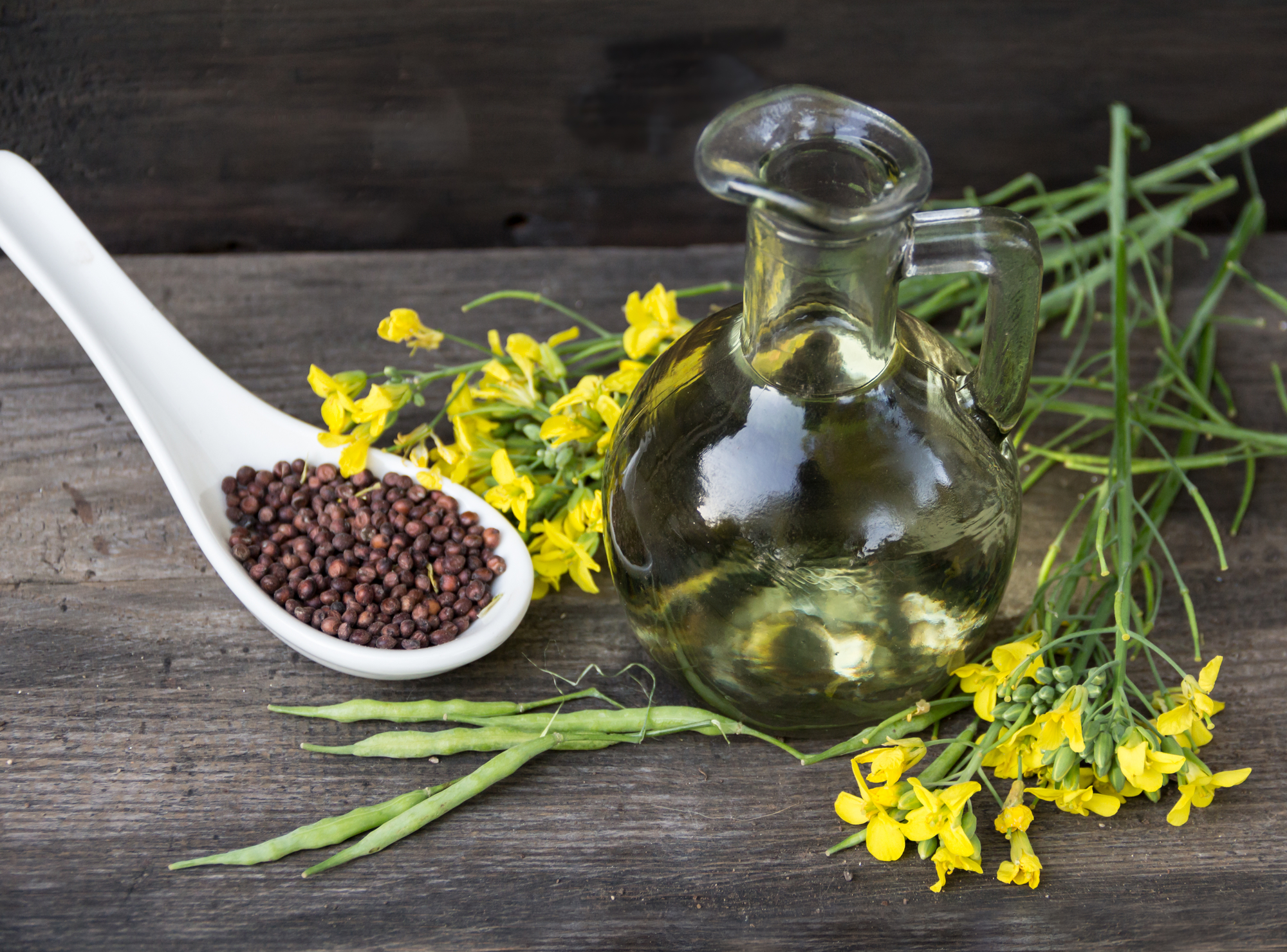 Olio di colza (o olio di canola, con fiori e semi di colza su un tavolo di legno rustico