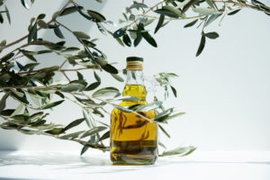 Bottiglia di olio extravergine tra i rami di olivo