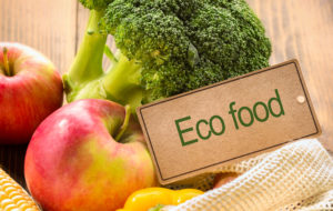 Broccolo, mele, peperoni e pannocchia in una borsa a rete con l'etichetta "eco food"; concept: eco label, claim