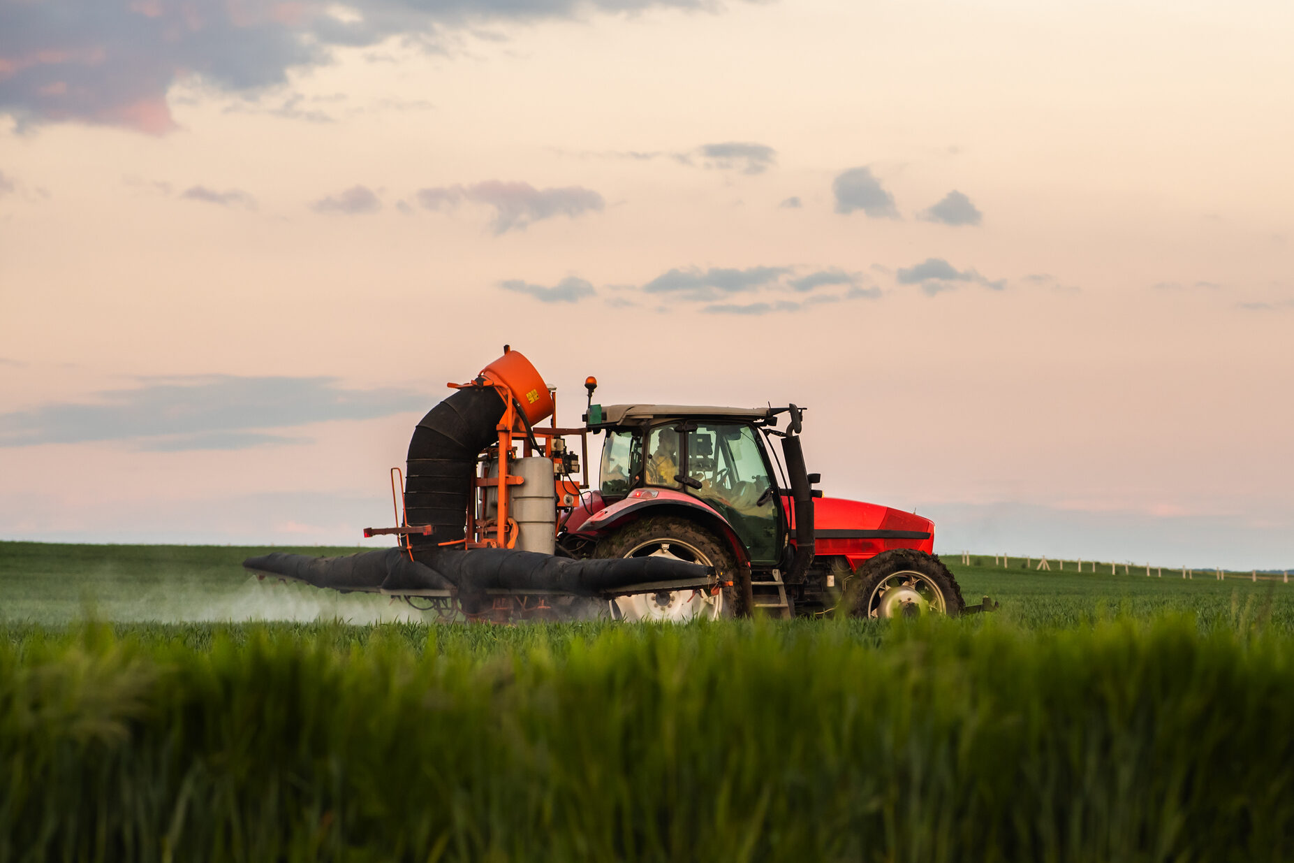 Trattore spruzza pesticidi o fertilizzanti su un campo; concept: glifosato, agricoltura