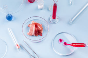 Fettina di pancetta su una piastra di petri circondata da altre attrezzature di laboratorio; concept: carne coltivata, carne sintetica