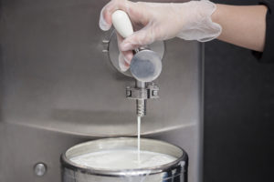 Lavoratore o lavoratrice di caseificio o azienda lattiero-casearia apre rubinetto di cisterna del latte