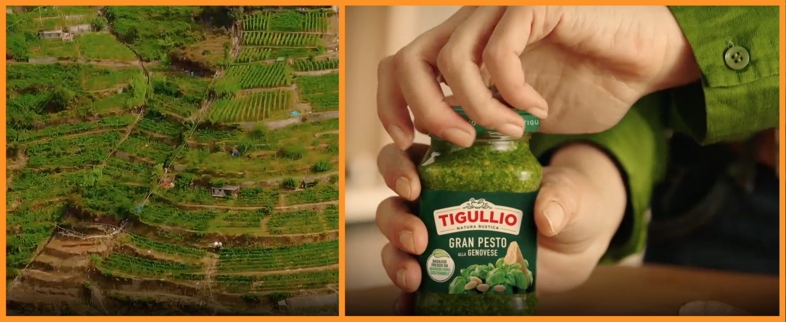 Sopra il Gran Pesto Tigullio fotografato al supermercato, sotto le immagini prese dallo spot pubblicitario
