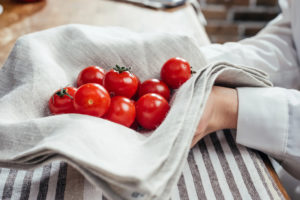 Una persona tiene dei pomodori avvolti in un canovaccio