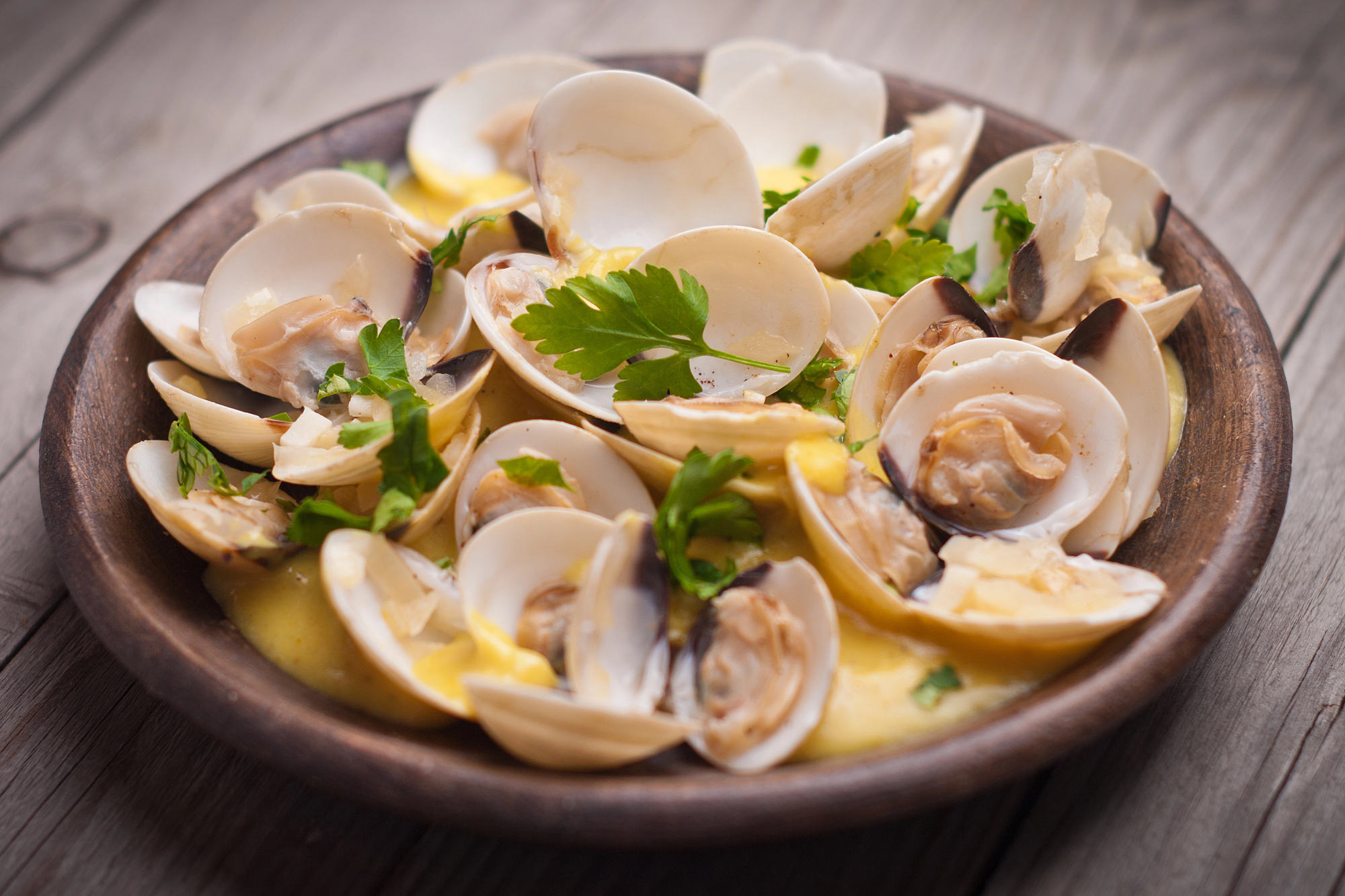 Piatto di vongole cotte con prezzemolo e salsa