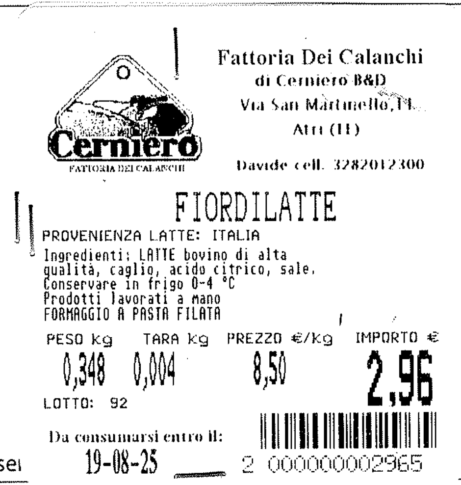 Mozzarella fiordilatte Fattoria dei Calanchi richiamo 19.08.2025