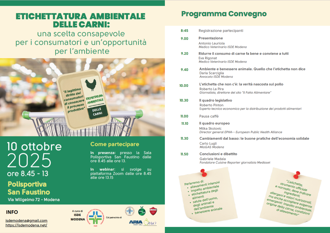 Locandina convegno etichettatura ambientale carne ISDE Modena 10.10.2025