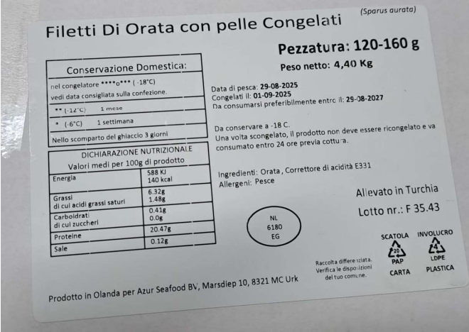 Filetti di orata Azur Seafood richiamo 10.10.2025