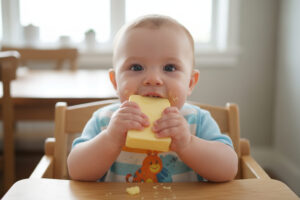 Bambino addenta un panetto di burro seduto sul seggiolone; concept: svezzamento, divezzamento, grassi