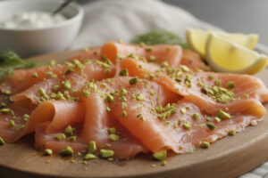 Fette di salmone affumicato con granella di pistacchio; concept: Lidl