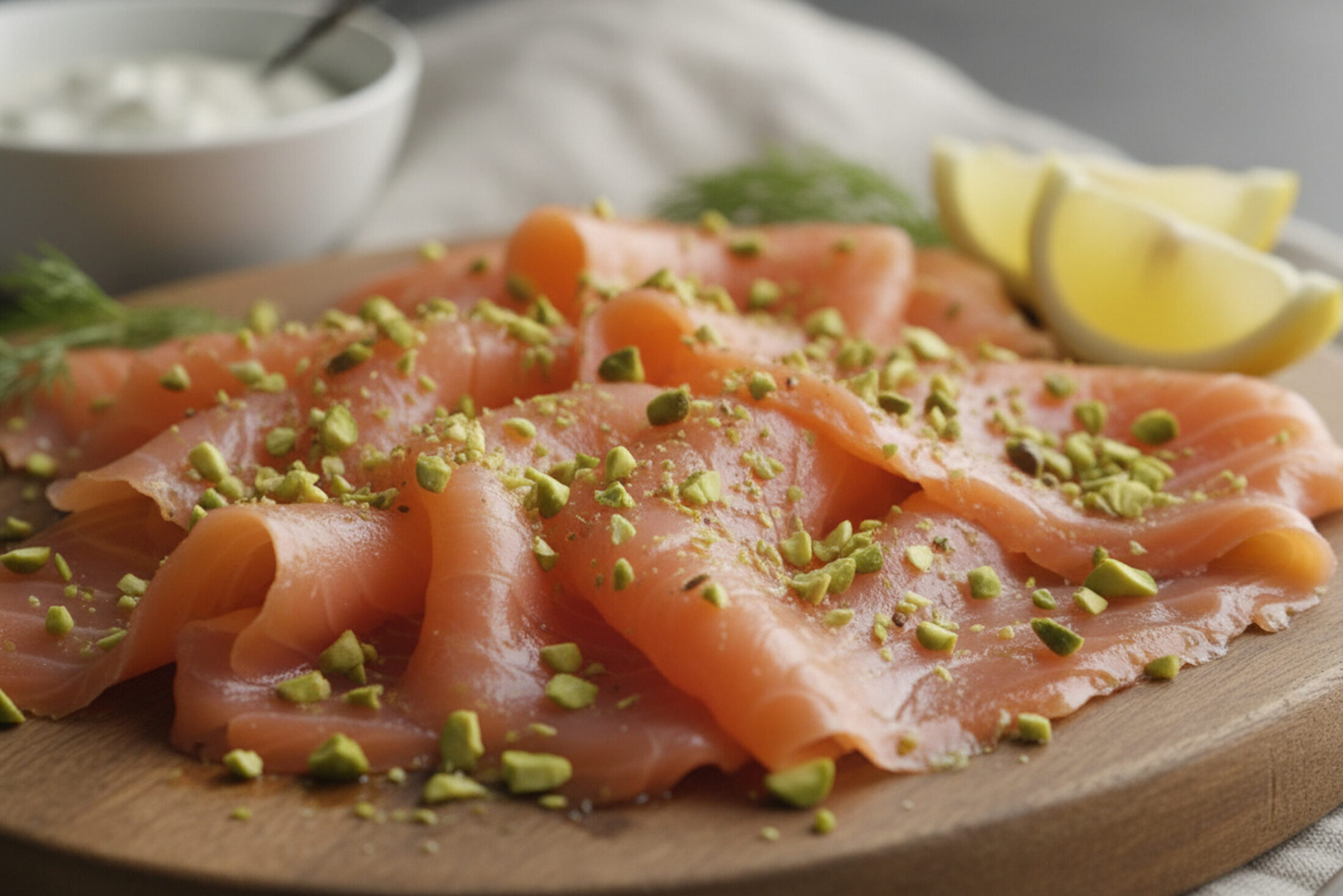 Fette di salmone affumicato con granella di pistacchio; concept: Lidl