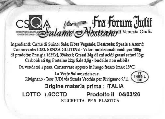 Salame nostrano La Vecje Salumerie richiamo 13.04.2026