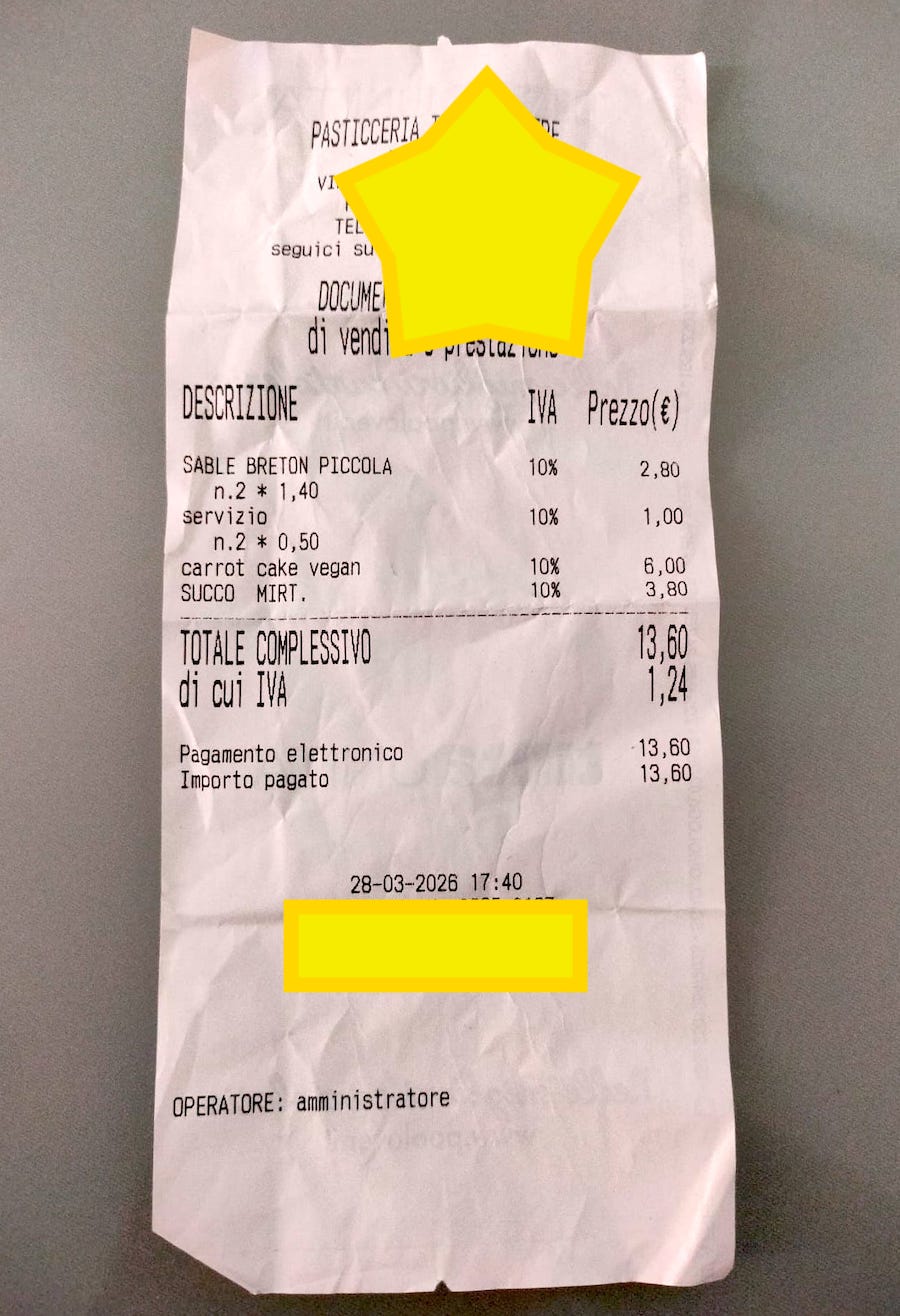 scontrino pasticceria milano isola prezzi servizio merenda
