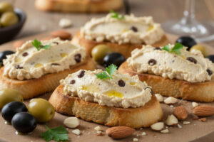 Crostini di pane su un tagliere di legno con una crema o paté di olive e mandorle, intorno olive verdi e nere e mandorle