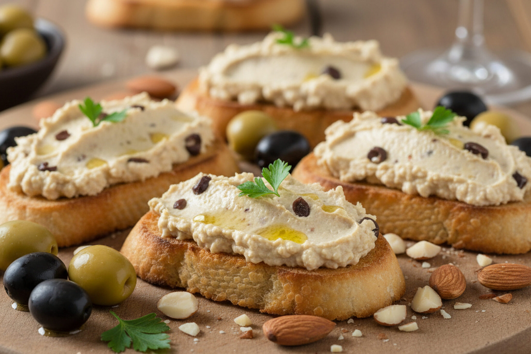 Crostini di pane su un tagliere di legno con una crema o paté di olive e mandorle, intorno olive verdi e nere e mandorle