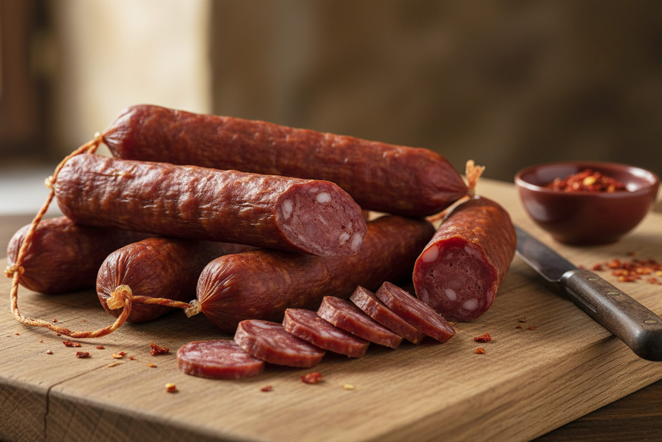 Salsicce piccanti su un tagliere di legno, con un coltello e una ciotola di peperoncino