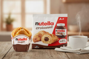 Nutella Muffin e confezione di Nutella croissant su un tavolo accanto a una tazza fumante; concept: colazione