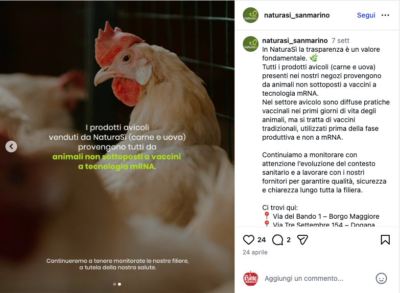 Post NaturaSì San Marino polli vaccini aviaria