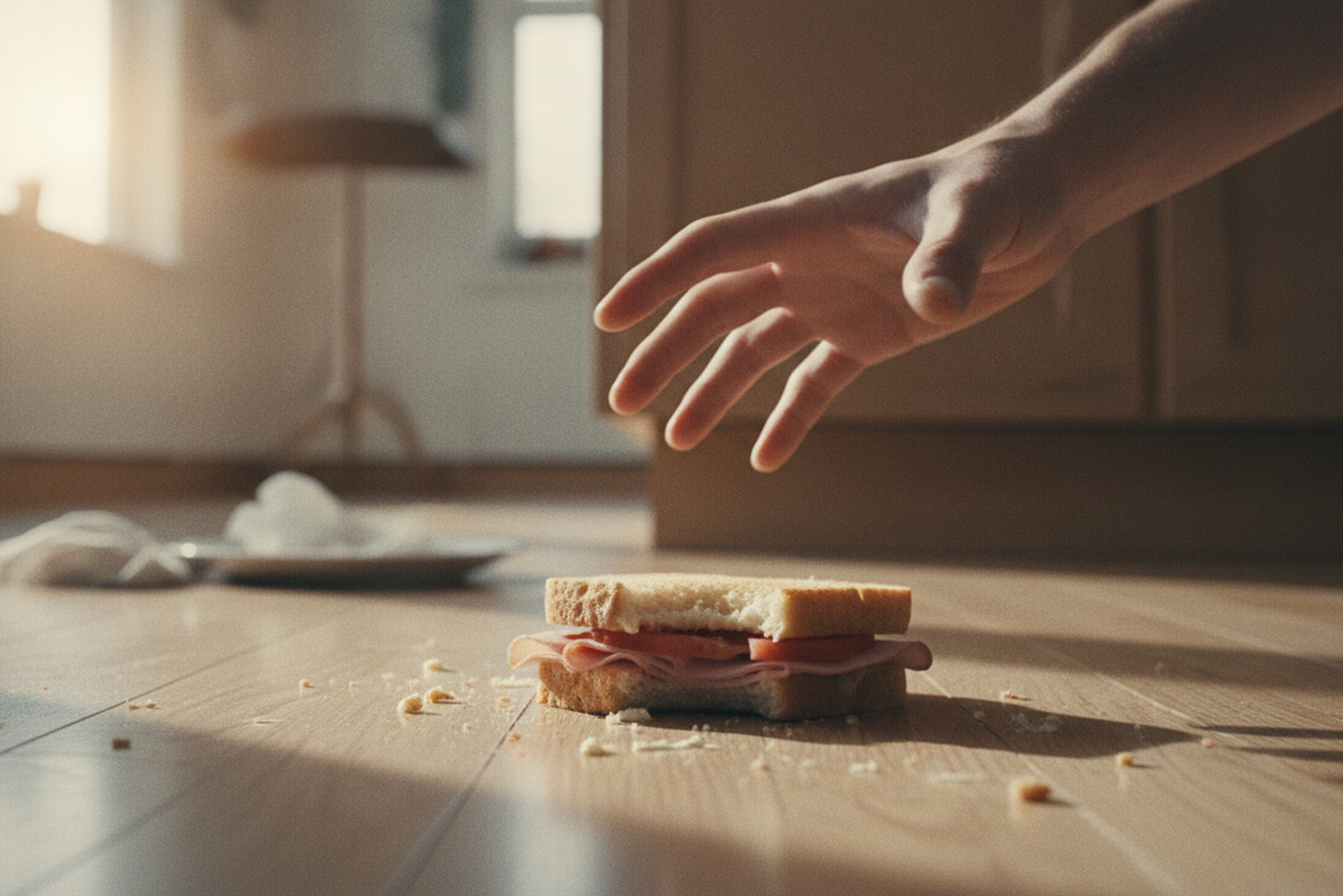 Regola dei cinque secondi: una mano si allunga per raccogliere un panino caduto a terra in una cucina