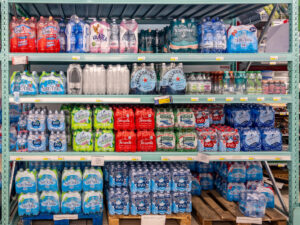 Scaffali pieni di bottiglie di acqua minerale in un supermercati italiano