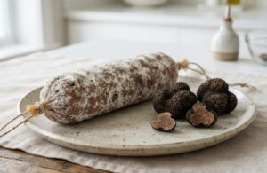 Un salame al tartufo su un piatto, accanto a tartufi neri (Tuber aestivum)