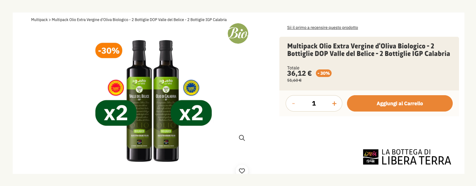 La pagina Libera Terra con il multipack di bottiglie olio extra vergine di oliva biologico
