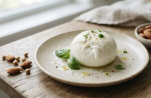 Un'alternativa vegetale alla mozzarella su un piatto con basilico olio, sale e pepe, dietro una ciotola con soia e mandorle, sparse anche sul tavolo